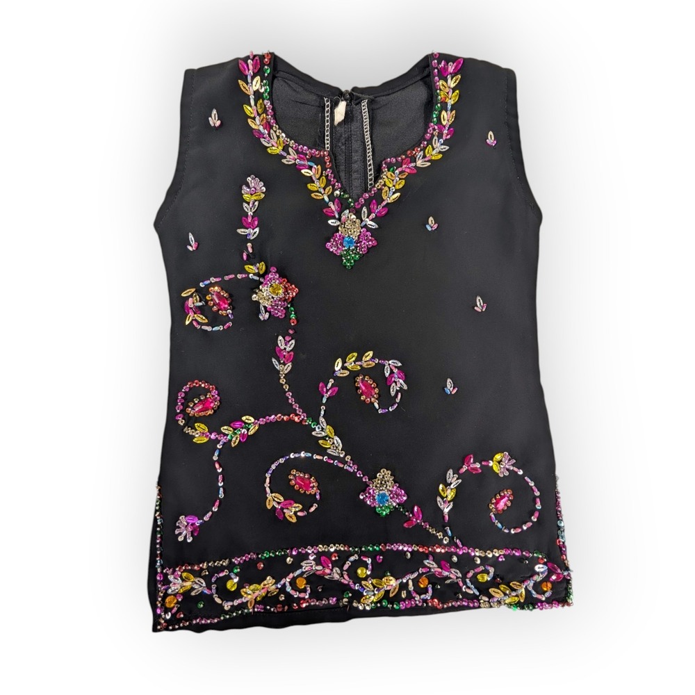 Vintage Black Beaded Floral Sequin Sleeveless V-Neck Evening Blouse Top Black